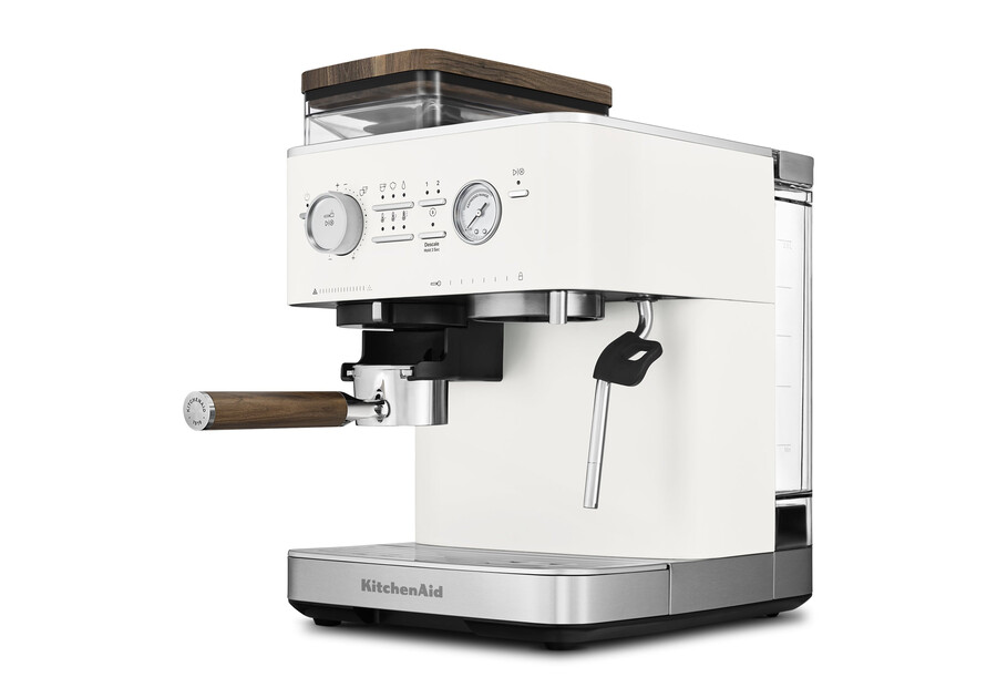 cafetera espresso semiautomática con molinillo y kit de accesorios de madera de nogal.