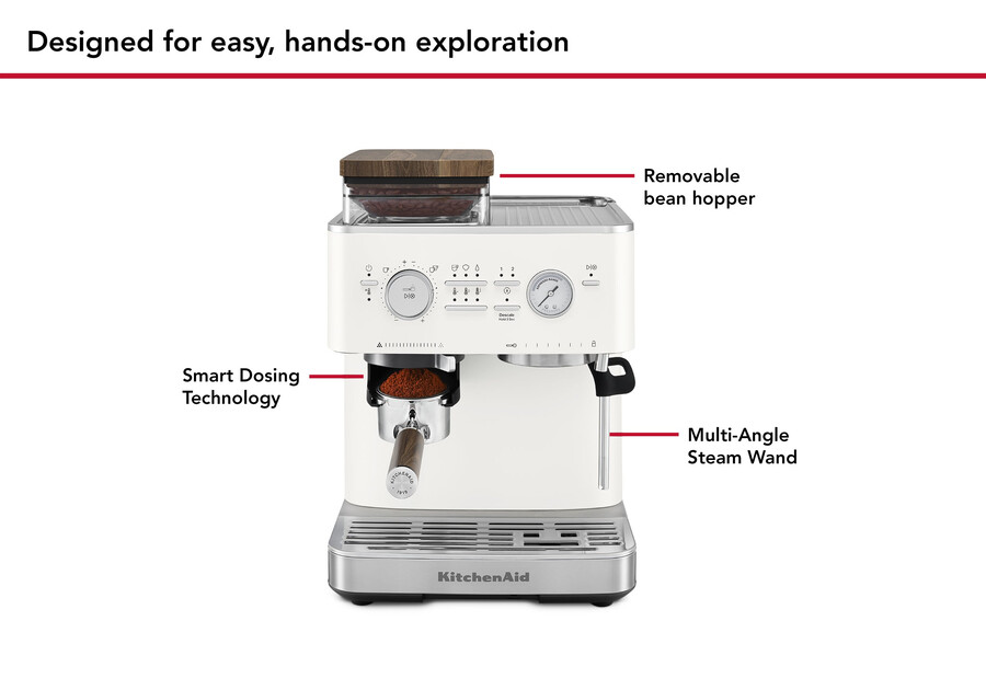 cafetera espresso semiautomática con molinillo y kit de accesorios de madera de nogal.