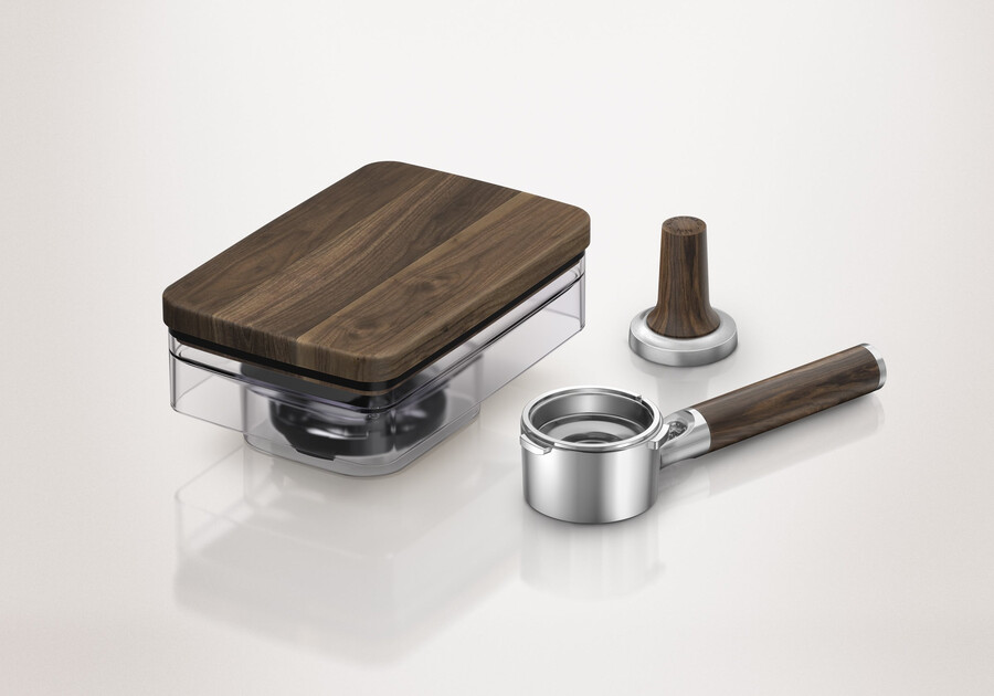 cafetera espresso semiautomática con molinillo y kit de accesorios de madera de nogal.